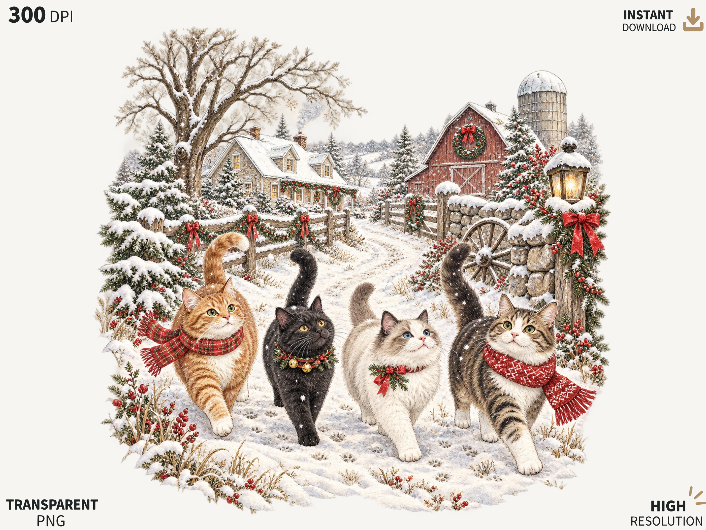 Christmas Cats Winter Farm PNG, Festive