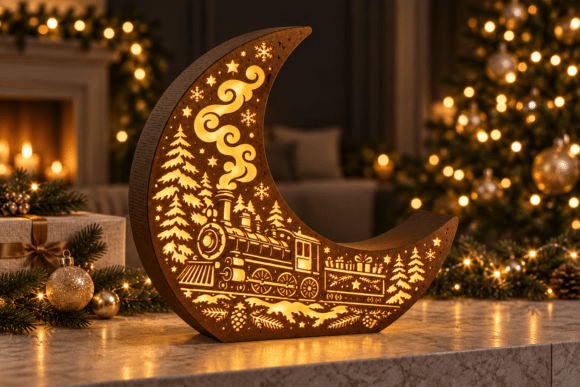 Christmas Express Moon Lantern - Train and Sleigh Laser Cut Design laser cut file