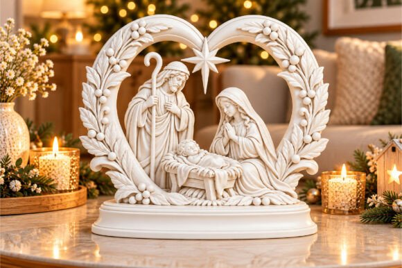 Christmas Nativity Heart Wreath 3D STL – Holy Family Decor Model - Image 1