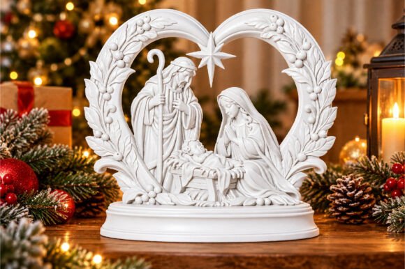Christmas Nativity Heart Wreath 3D STL – Holy Family Decor Model - Image 2