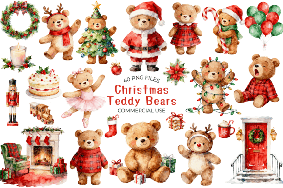 Christmas Teddy Bear Clipart PNG Bundle