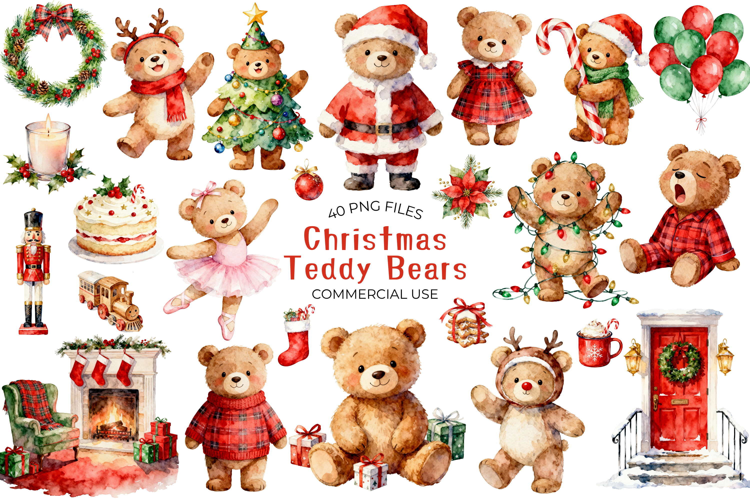 Christmas Teddy Bear Clipart PNG Bundle