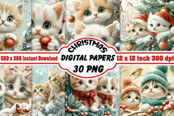 Christmas Cat Digital Papers Patterns Bu