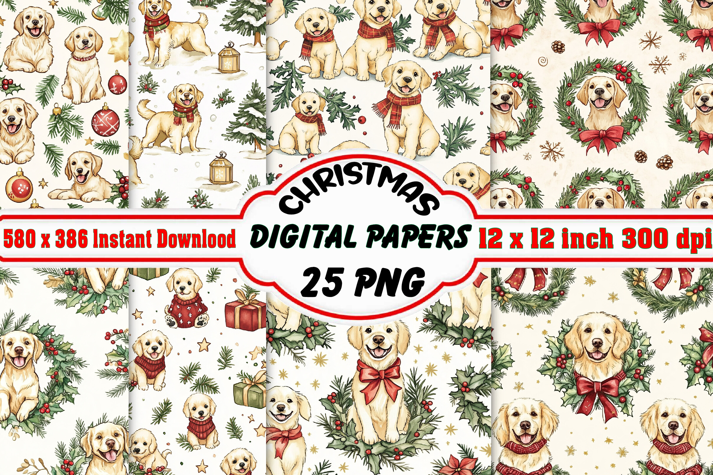 Christmas Holiday Dog Digital Papers Pat