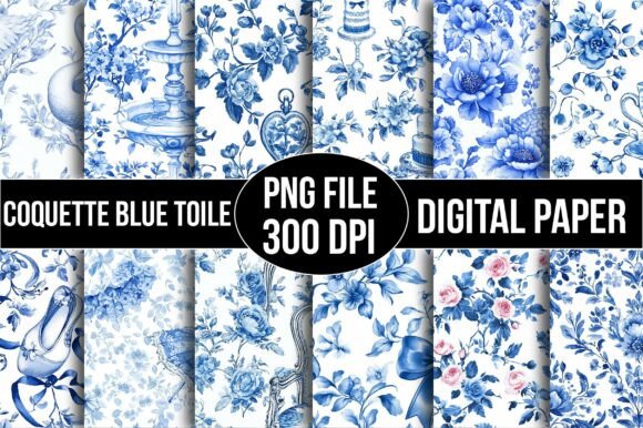 Coquette Blue Toile Digital Paper Bundle