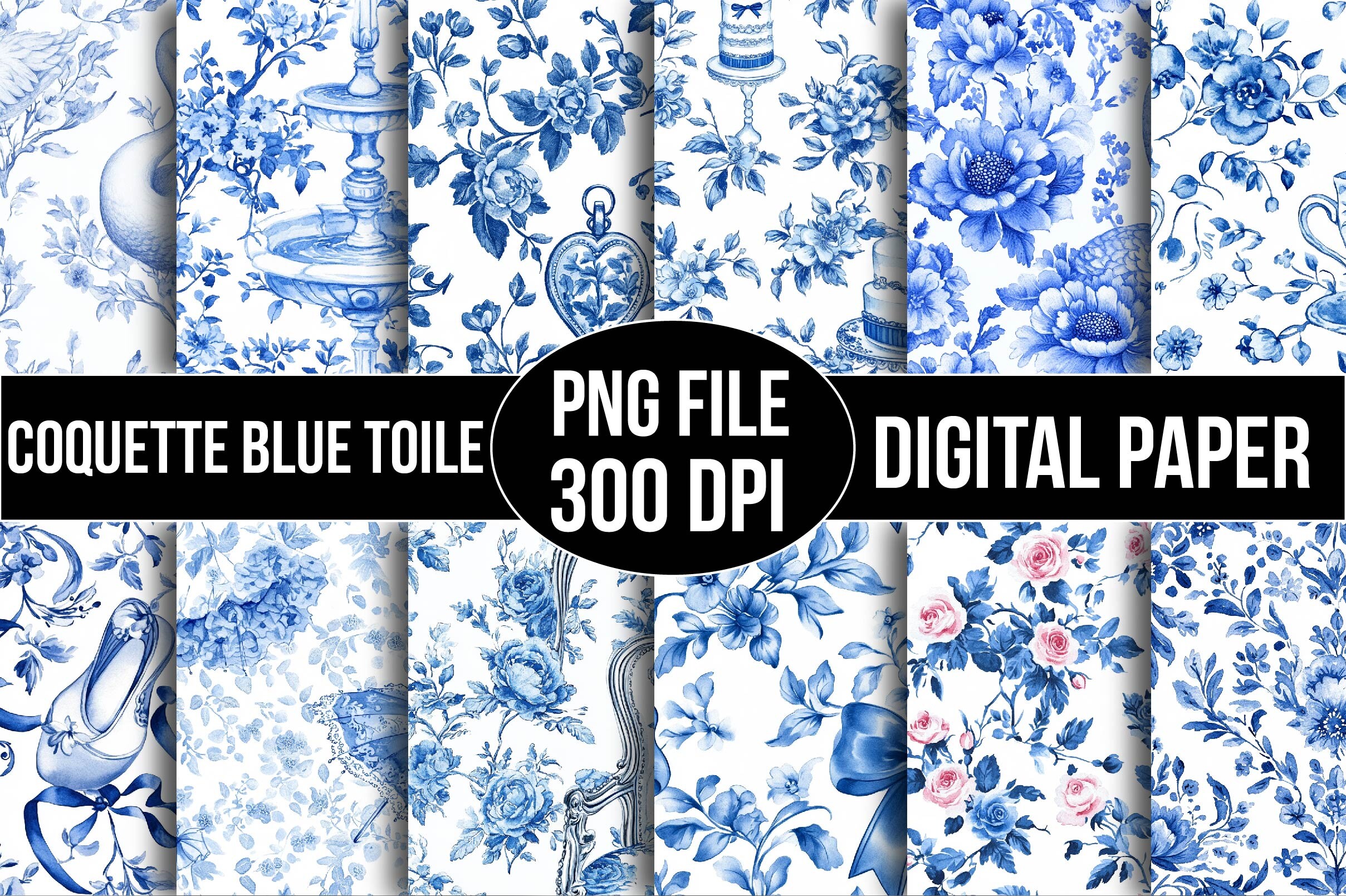 Coquette Blue Toile Digital Paper Bundle