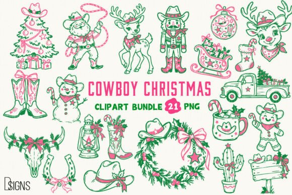 Cowboy Christmas PNG Hand-Drawn Bundle