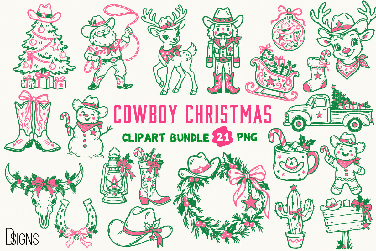 Cowboy Christmas PNG Hand-Drawn Bundle