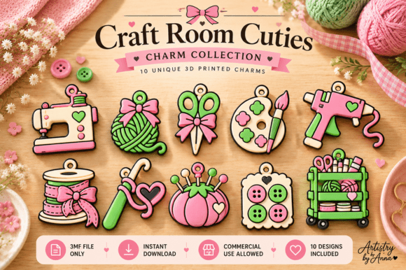 Craft Room Charms 3MF File – 10 Multi-Colour 3D Print Charm Designs - Image 1