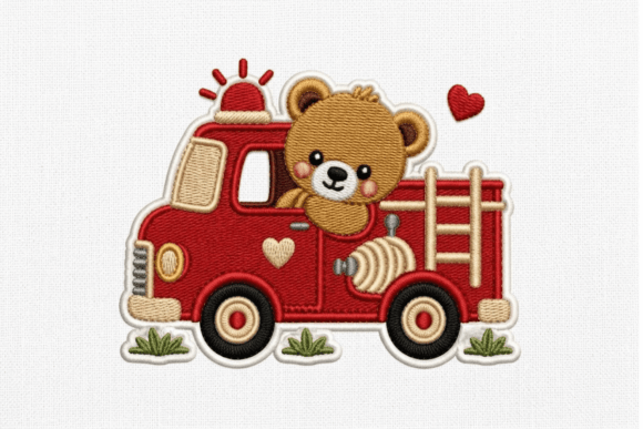 Cute Baby Bear Driving Red Fire Truck