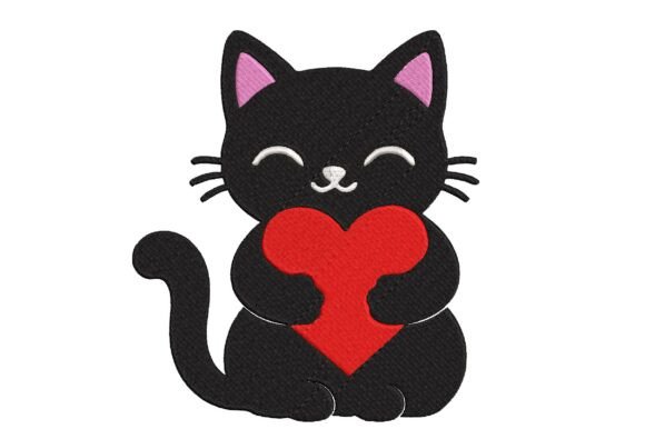 Cute Black Cat Holding Heart Machine Emb