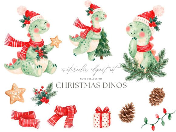 Cute Christmas Dinosaur Clipart PNG