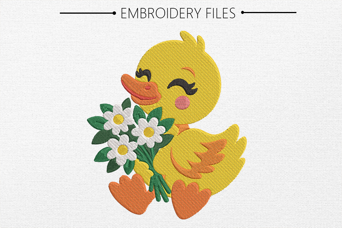Cute Duck with Flowers Embroidery Design
