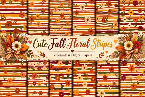 Cute Fall Floral Stripes Digital Paper