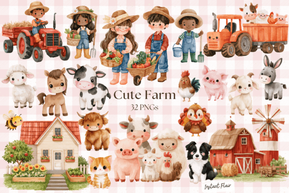 Cute Farm Clipart Bundle – 32 PNGs