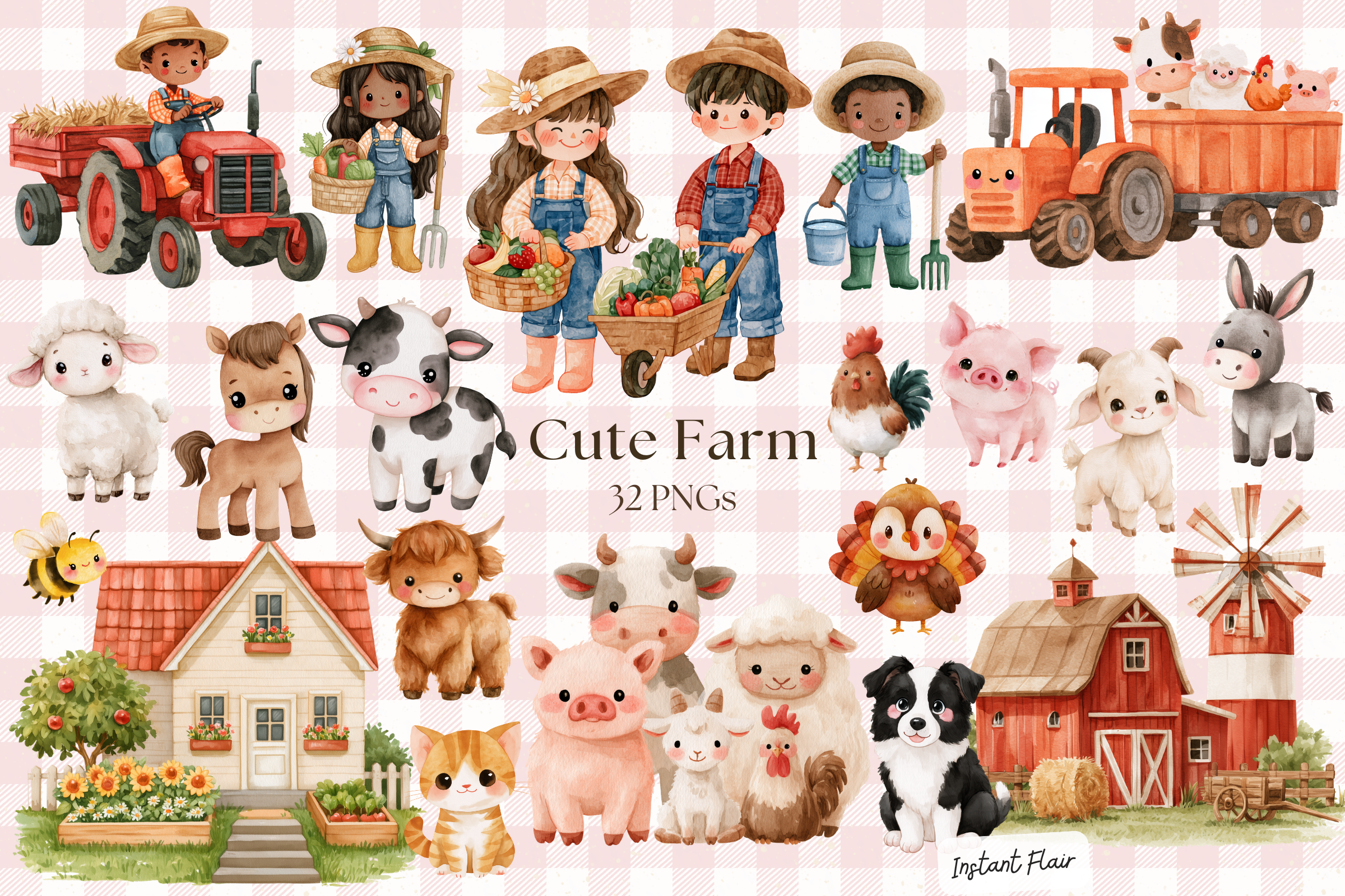 Cute Farm Clipart Bundle – 32 PNGs