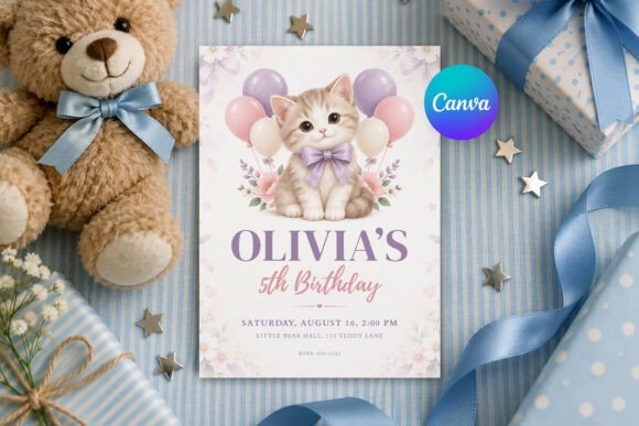 Cute Kitten Birthday Invitation, Canva