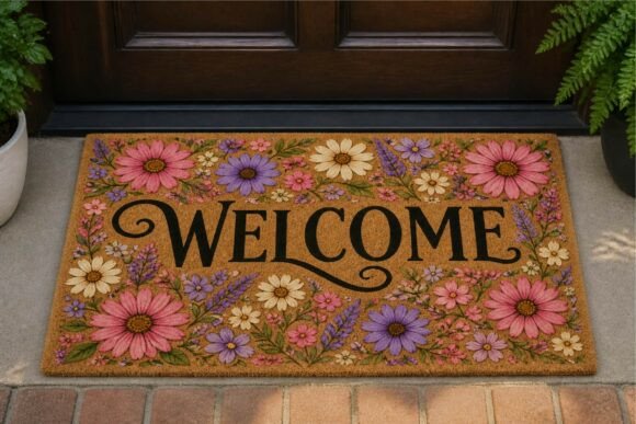 Floral Welcome Spring Garden Doormat PNG