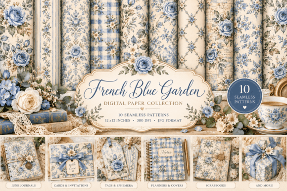 French Blue Floral Digital Papers
