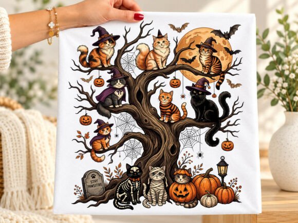 Halloween Witch Black Cats Tree PNG