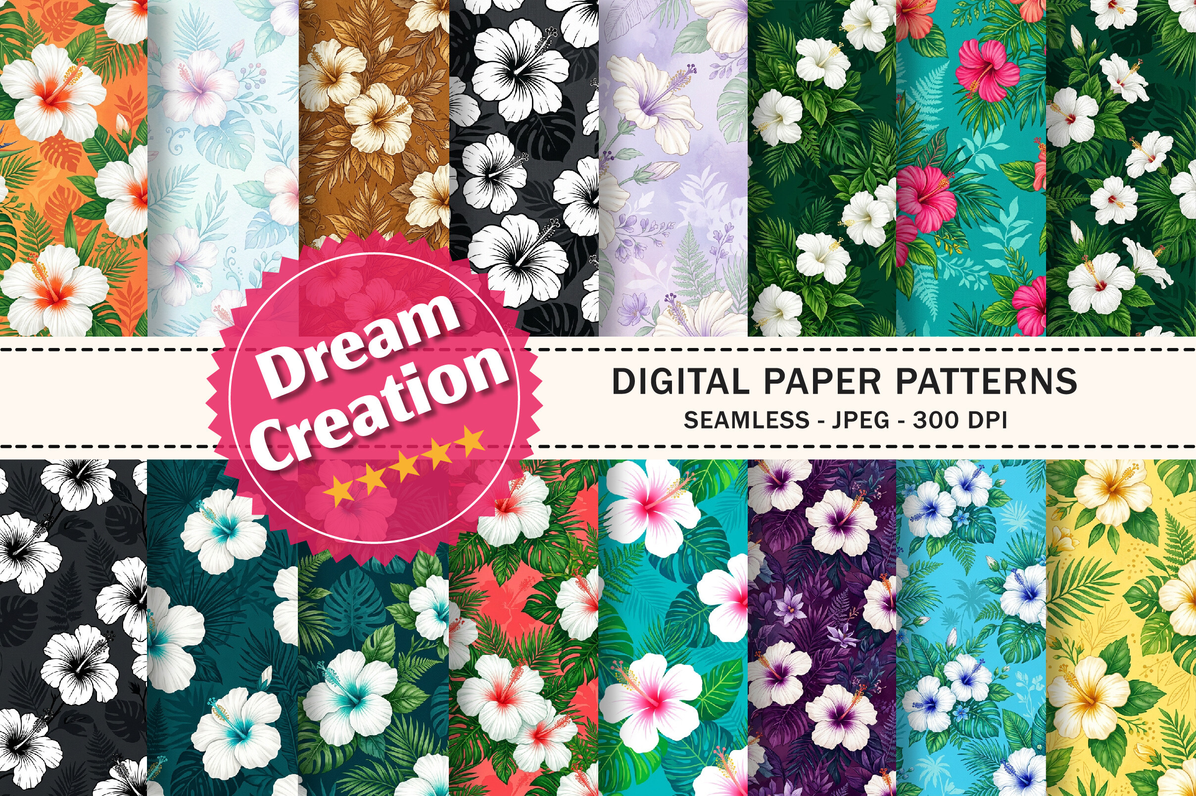 Hawaiian Hibiscus Flowers Digital Patter