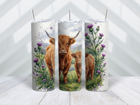 Highland Cow Family Thistle Tumbler Wrap