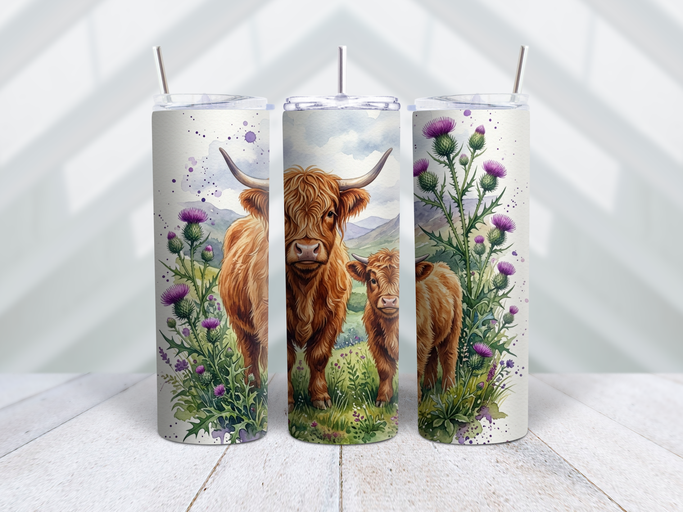 Highland Cow Family Thistle Tumbler Wrap