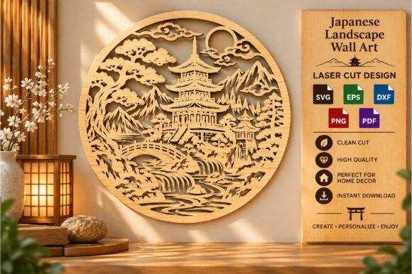 Japanese Pagoda Mountain Wall Art SVG