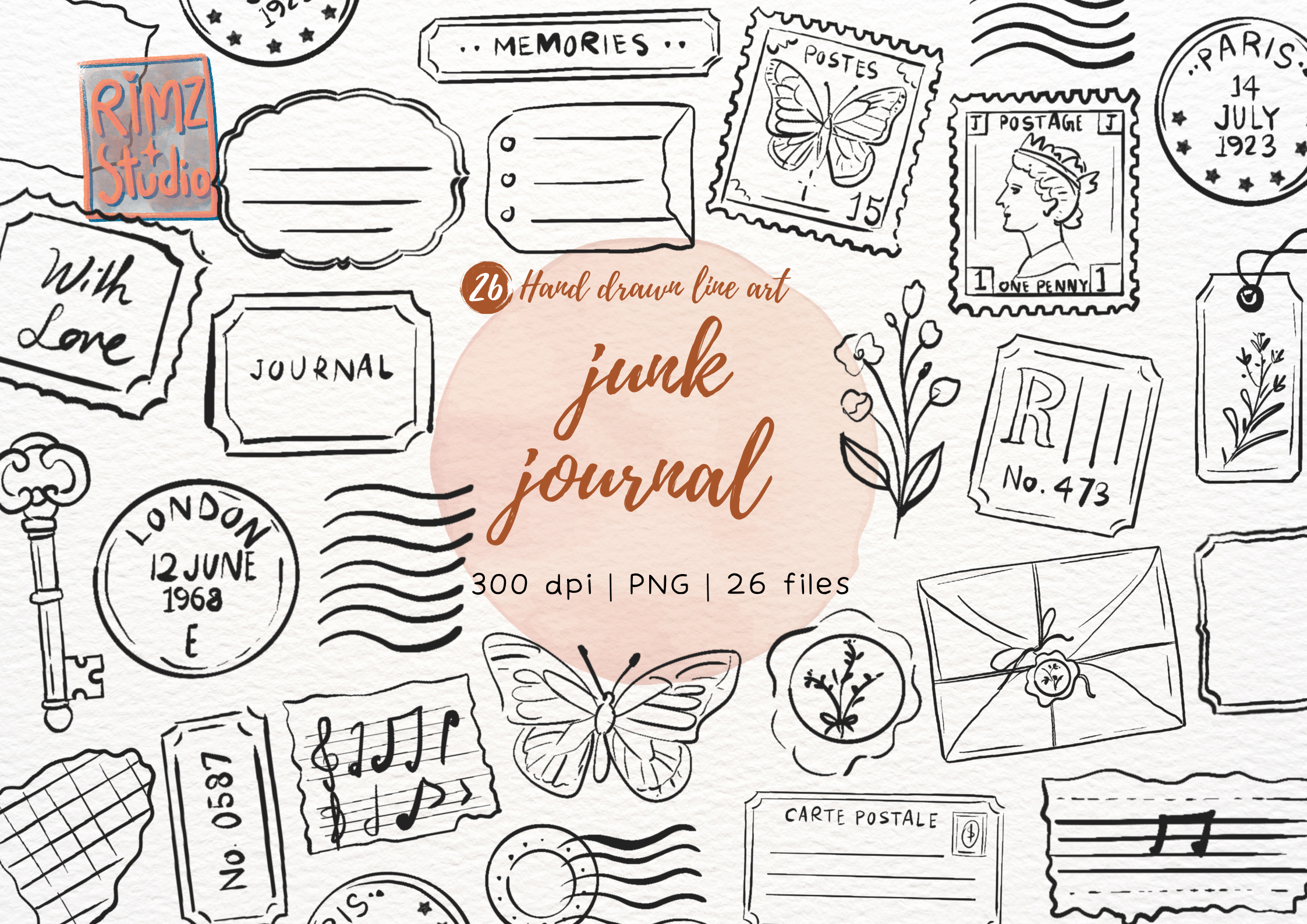 Junk Journal Hand Drawn Element Set Png