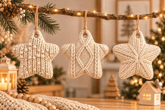 Knitted Christmas Star Ornaments - 3D Printable Set of 3 with Hanging Loops - Image 2