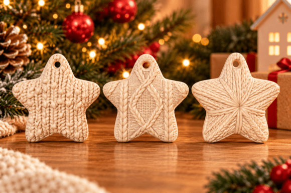 Knitted Christmas Star Ornaments - 3D Printable Set of 3 with Hanging Loops - Image 3