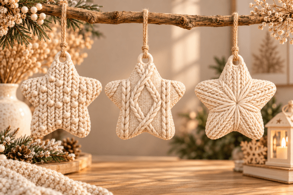Knitted Christmas Star Ornaments - 3D Printable Set of 3 with Hanging Loops - Image 4
