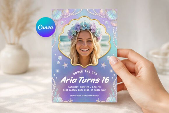 Mermaid Sweet 16 Photo Invitation Canva