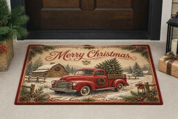 Merry Christmas Red Truck Doormat PNG