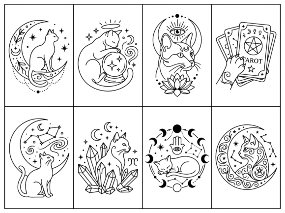 Mystical Celestial Cat Line Art