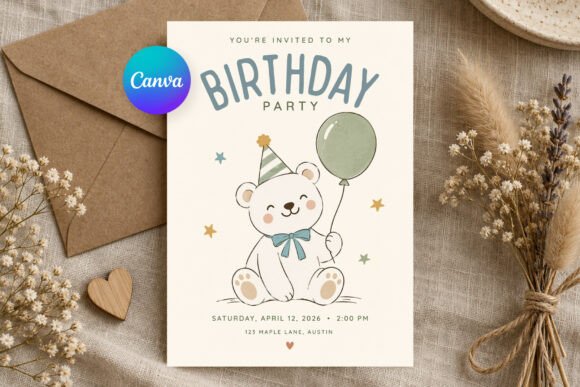Neutral Teddy Bear Birthday Invitation