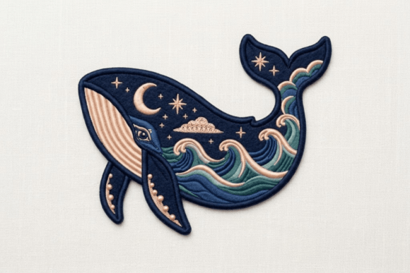 Ocean Blue Whale Embroidery Design