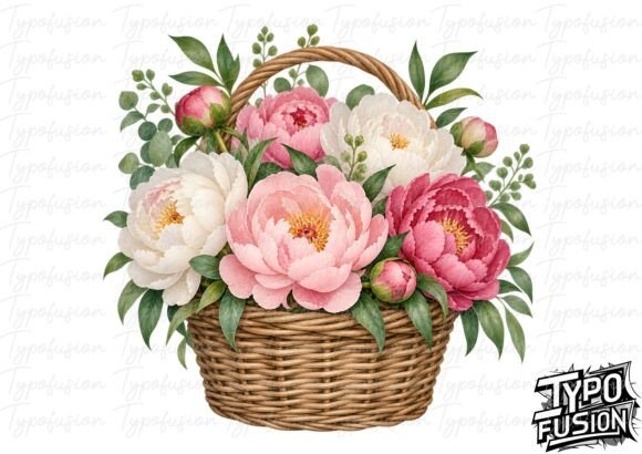 Peony Basket Watercolor PNG