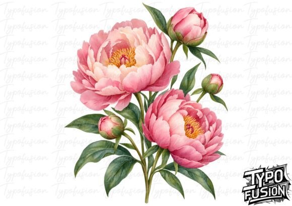 Peony Bud Spray Watercolor PNG