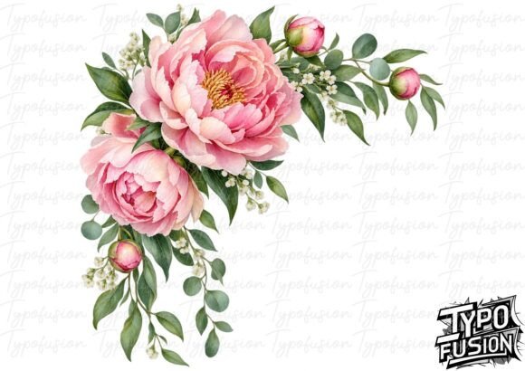 Peony Corner Spray Watercolor PNG