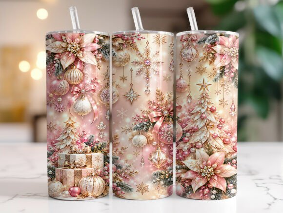 Pink Gold Poinsettia Christmas Tumbler