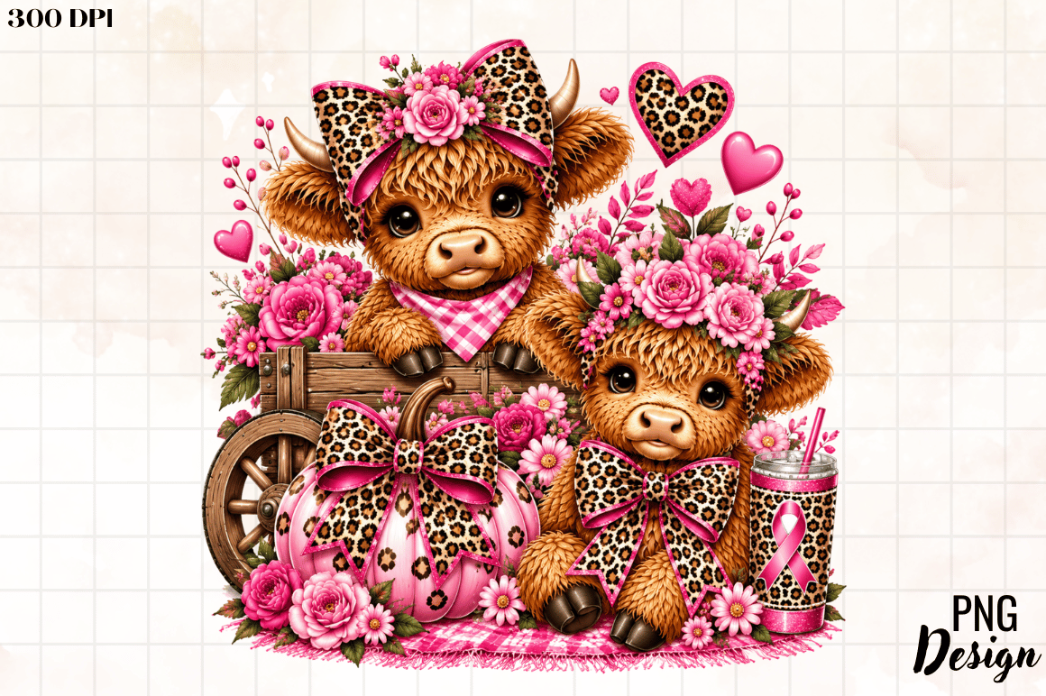 Pink Highland Cow PNG, Breast Cancer Awa