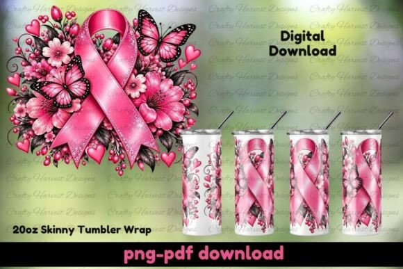 Pink Ribbon Butterfly Floral Tumbler