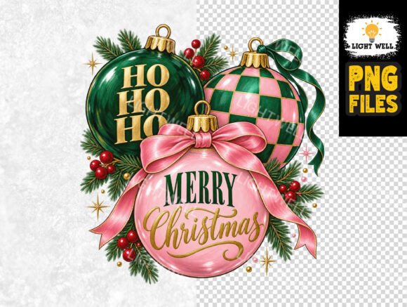Pink and Green Merry Christmas Ornaments with Bow and Holly PNG