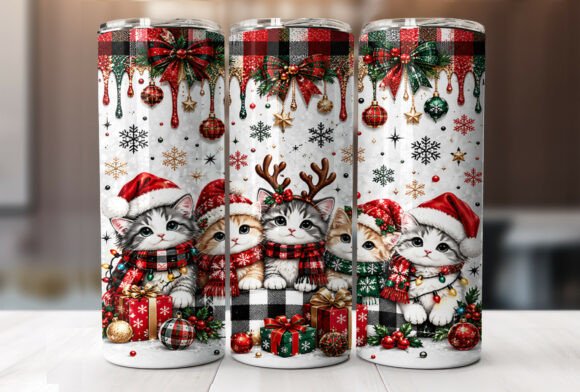 Plaid Christmas Cat Tumbler Wrap PNG