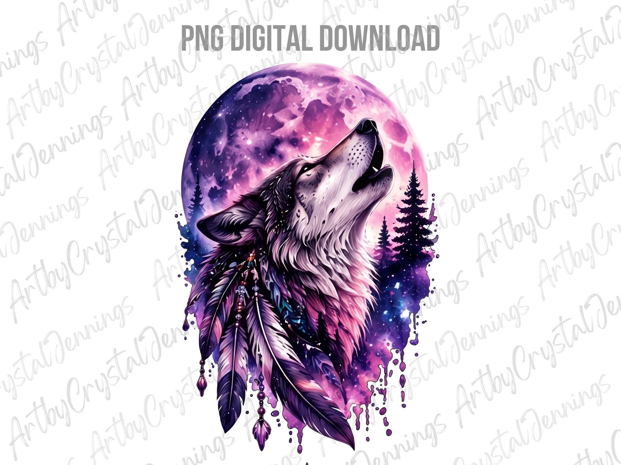 Purple Moon Wolf Feathers Clipart PNG