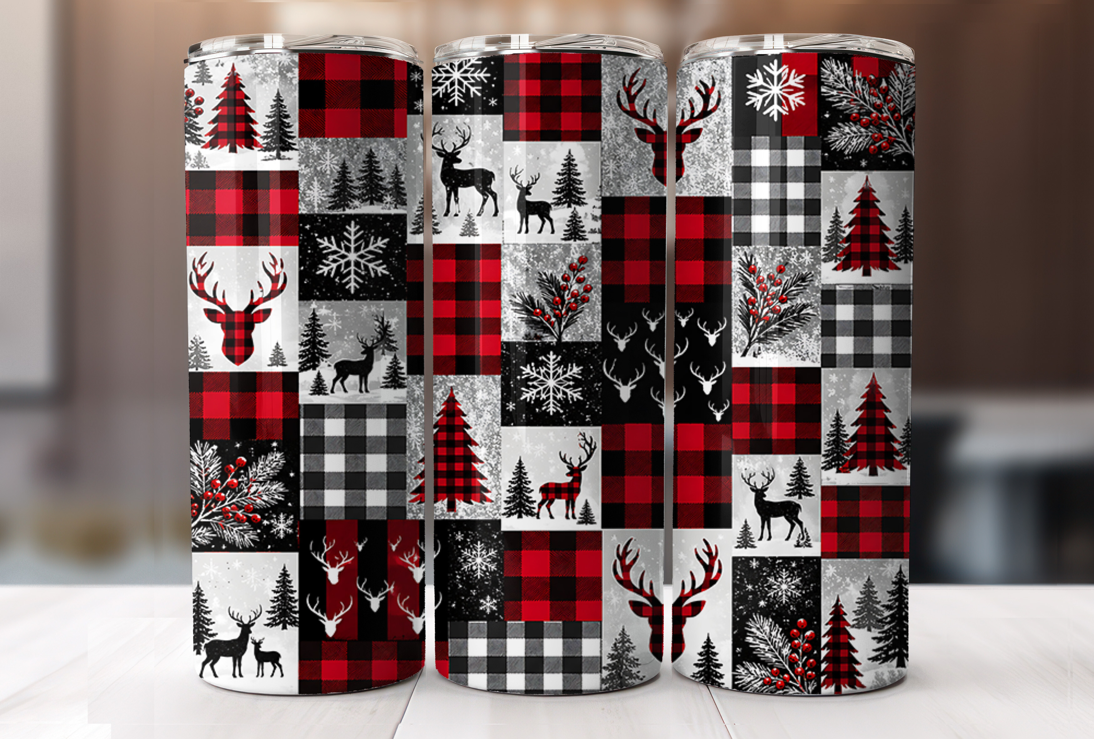 Red Black Plaid Deer Tumbler Sublimation
