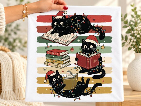 Retro Christmas Bookish Cats PNG