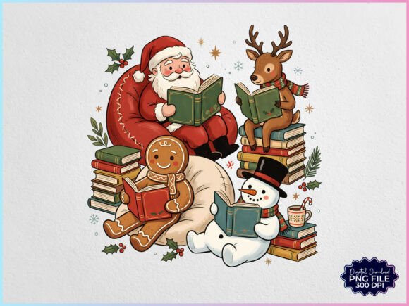 Retro Christmas Santa Reading Books PNG