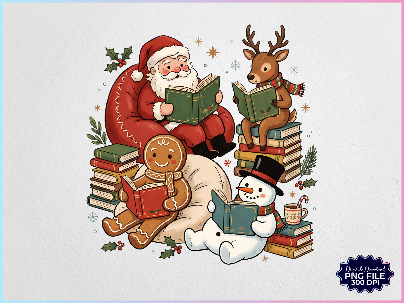 Retro Christmas Santa Reading Books PNG